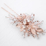 Rose Gold Bridal Hair Pin of Crystals and Leaves - Hair Pins - Cassandra Lynne
