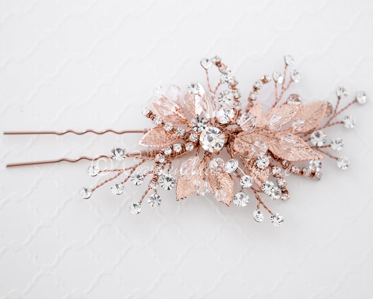 Rose Gold Bridal Hair Pin of Crystals and Leaves - Cassandra Lynne