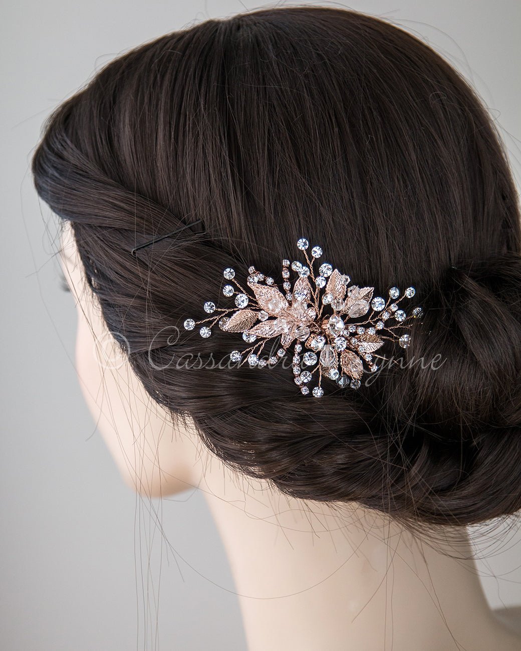 Rose Gold Bridal Hair Pin of Crystals and Leaves - Cassandra Lynne