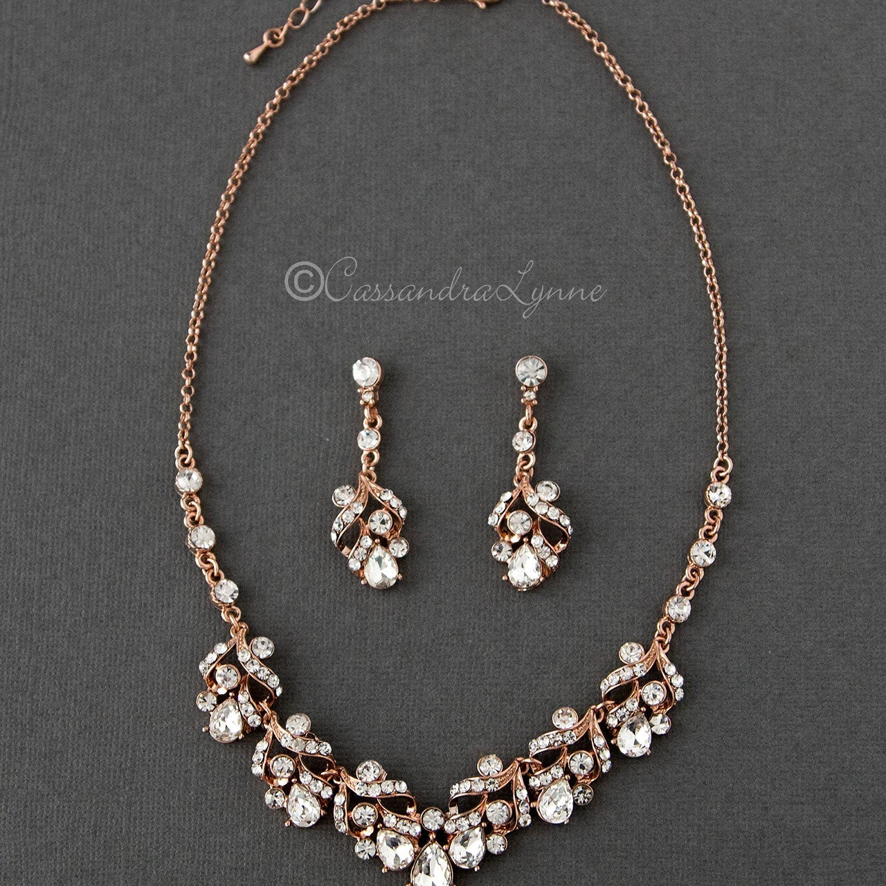 Rose Gold Bridal Necklace Set of Pear Crystals - Necklace Set - Cassandra Lynne