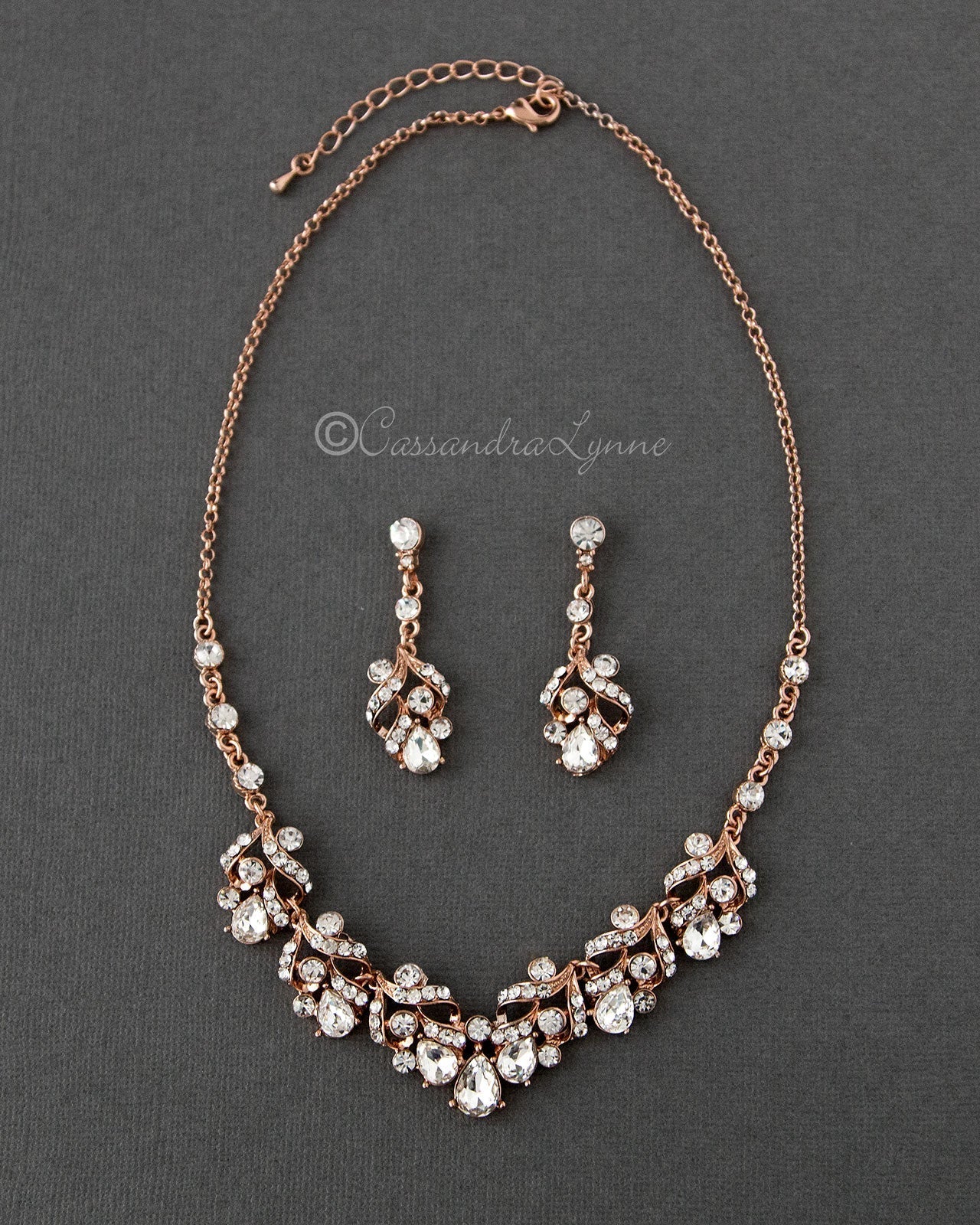 Rose Gold Bridal Necklace Set of Pear Crystals - Necklace Set - Cassandra Lynne