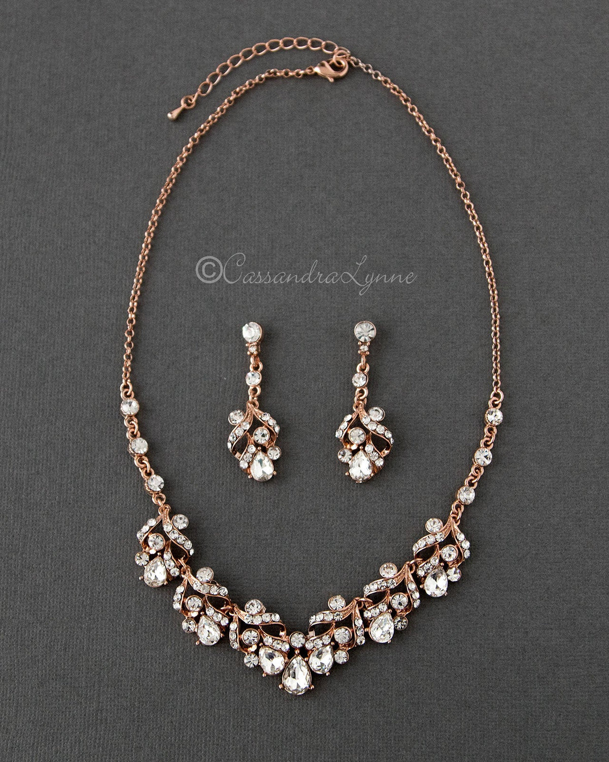 Rose Gold Bridal Necklace Set of Pear Crystals - Cassandra Lynne