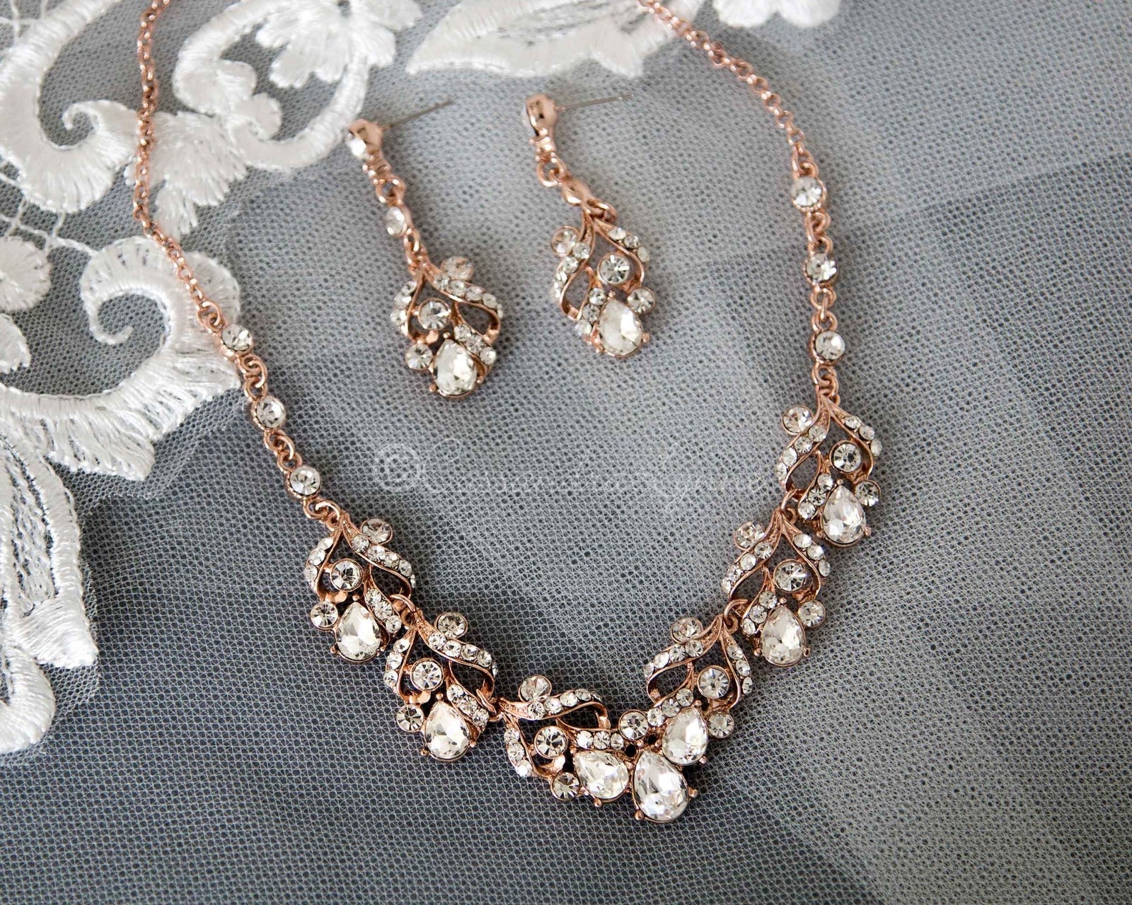 Rose Gold Bridal Necklace Set of Pear Crystals - Cassandra Lynne