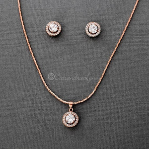 Simple CZ Halo Necklace and Earrings Set