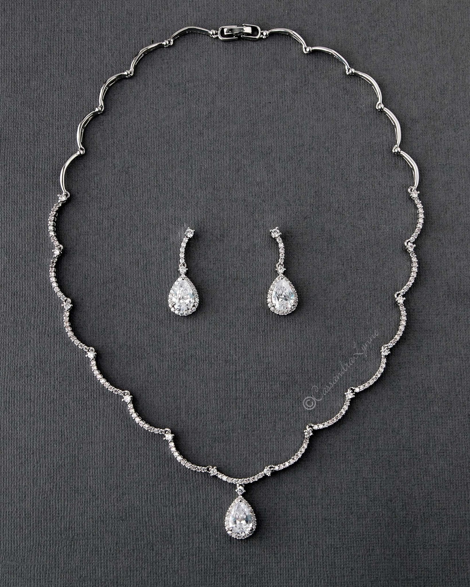 Scalloped CZ Wedding Necklace and Earrings - Necklace Set - Cassandra Lynne