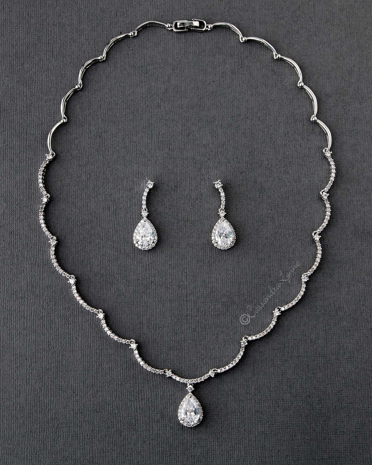 Scalloped CZ Wedding Necklace and Earrings - Necklace Set - Cassandra Lynne
