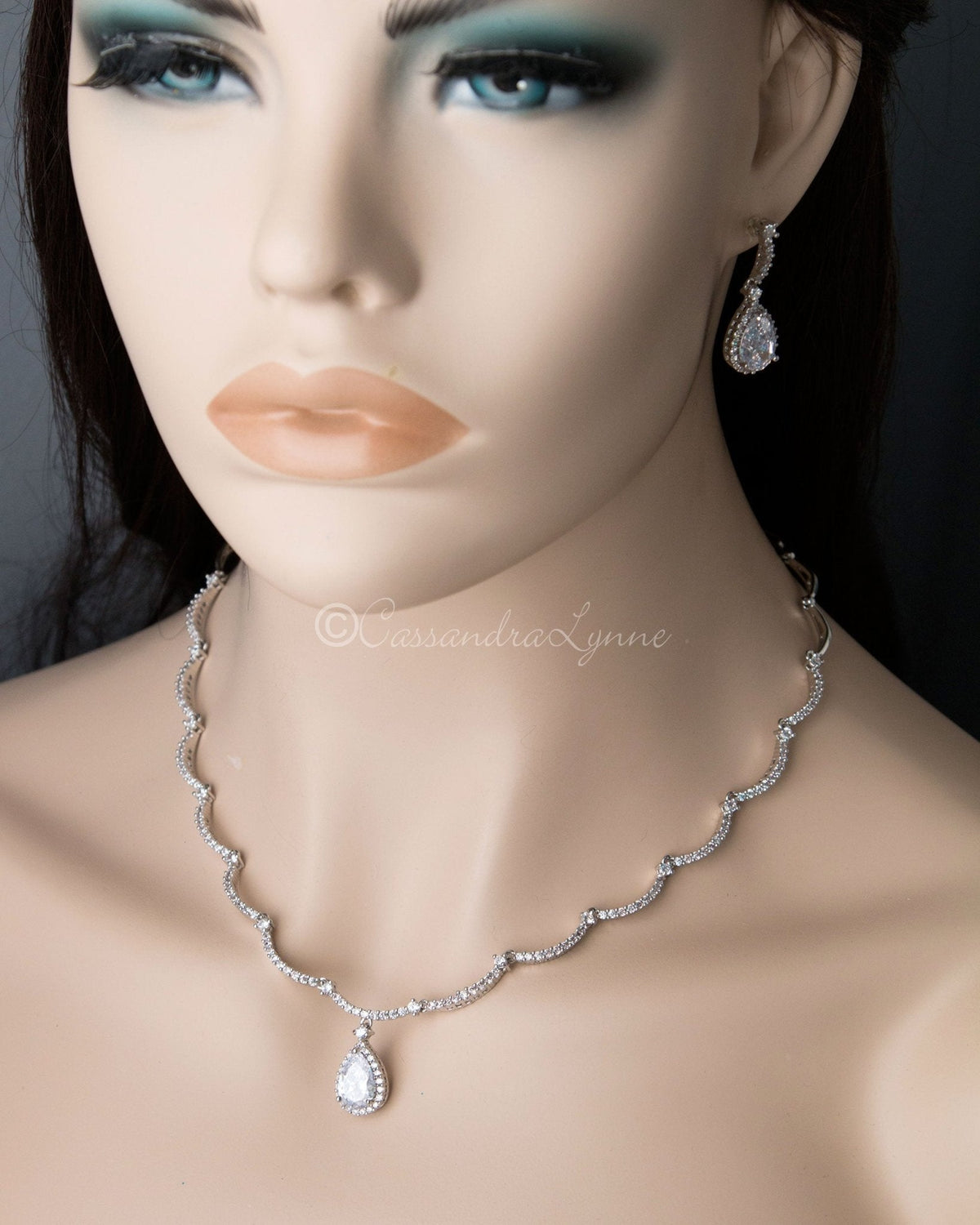 Scalloped CZ Wedding Necklace and Earrings - Necklace Set - Cassandra Lynne
