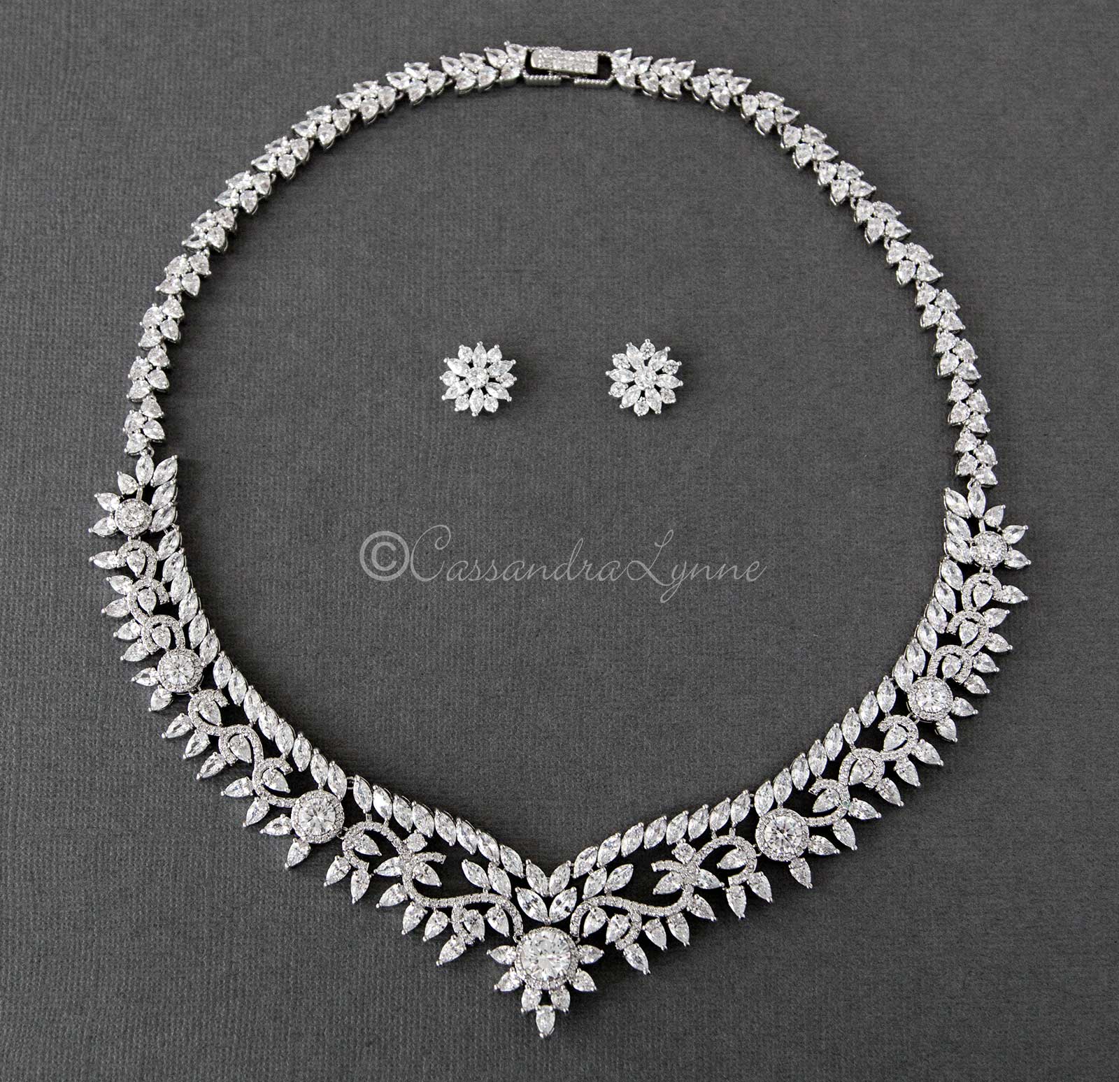 Scrolling Floral Cubic Zirconia Necklace Set - Necklace Set - Cassandra Lynne
