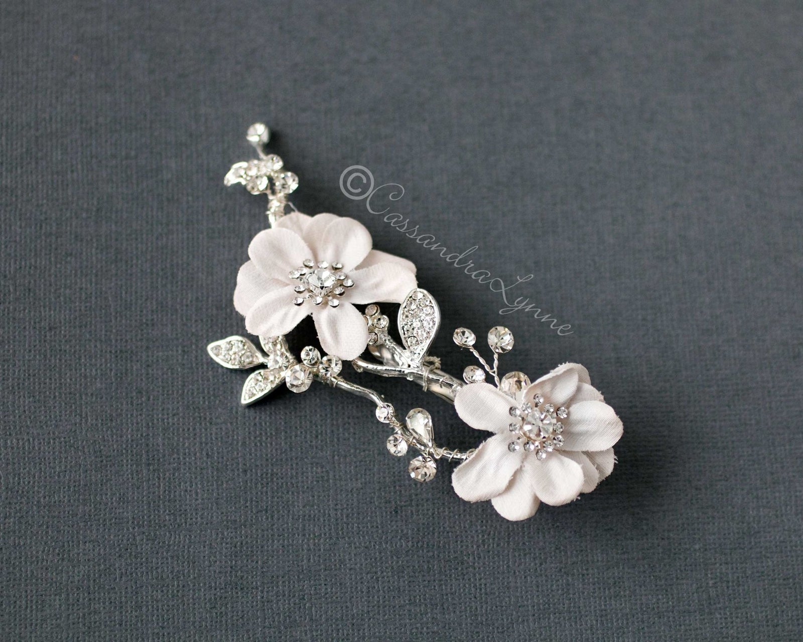 Silver Branch with Ivory Flowers Wedding Clip - Cassandra Lynne