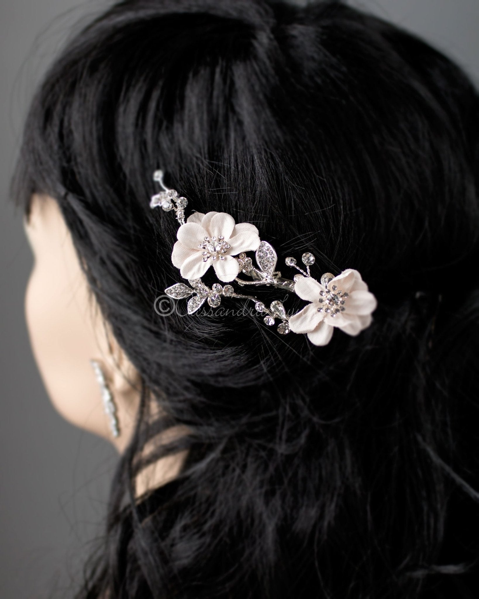 Silver Branch with Ivory Flowers Wedding Clip - Cassandra Lynne