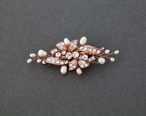 Small Crystal and Pearl Floral Hair Clip Rose Gold