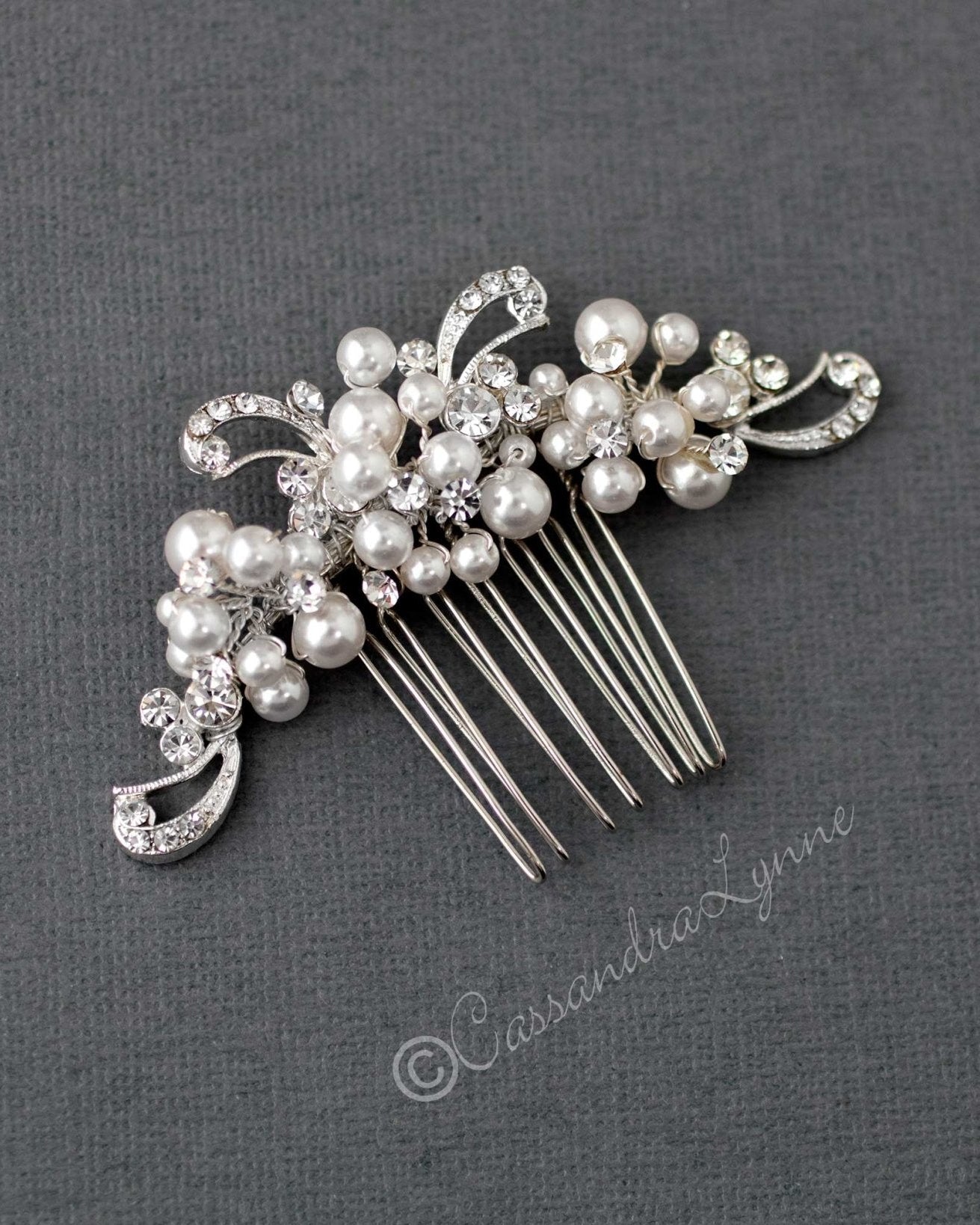 Small Silver Swirls and White Pearl Comb - Cassandra Lynne