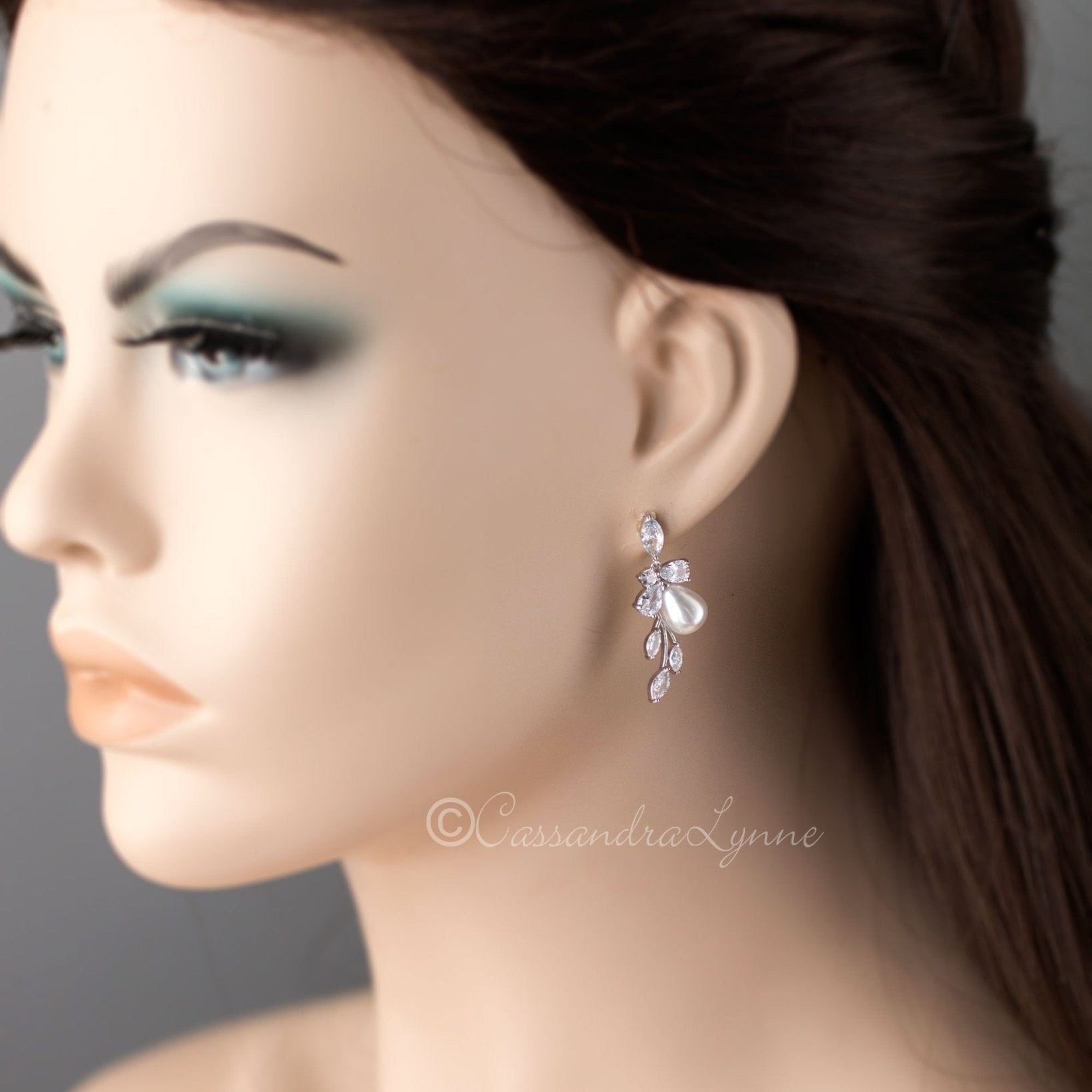 Teardrop Pearl Flower Bud CZ Bridal Earrings - Earrings - Cassandra Lynne