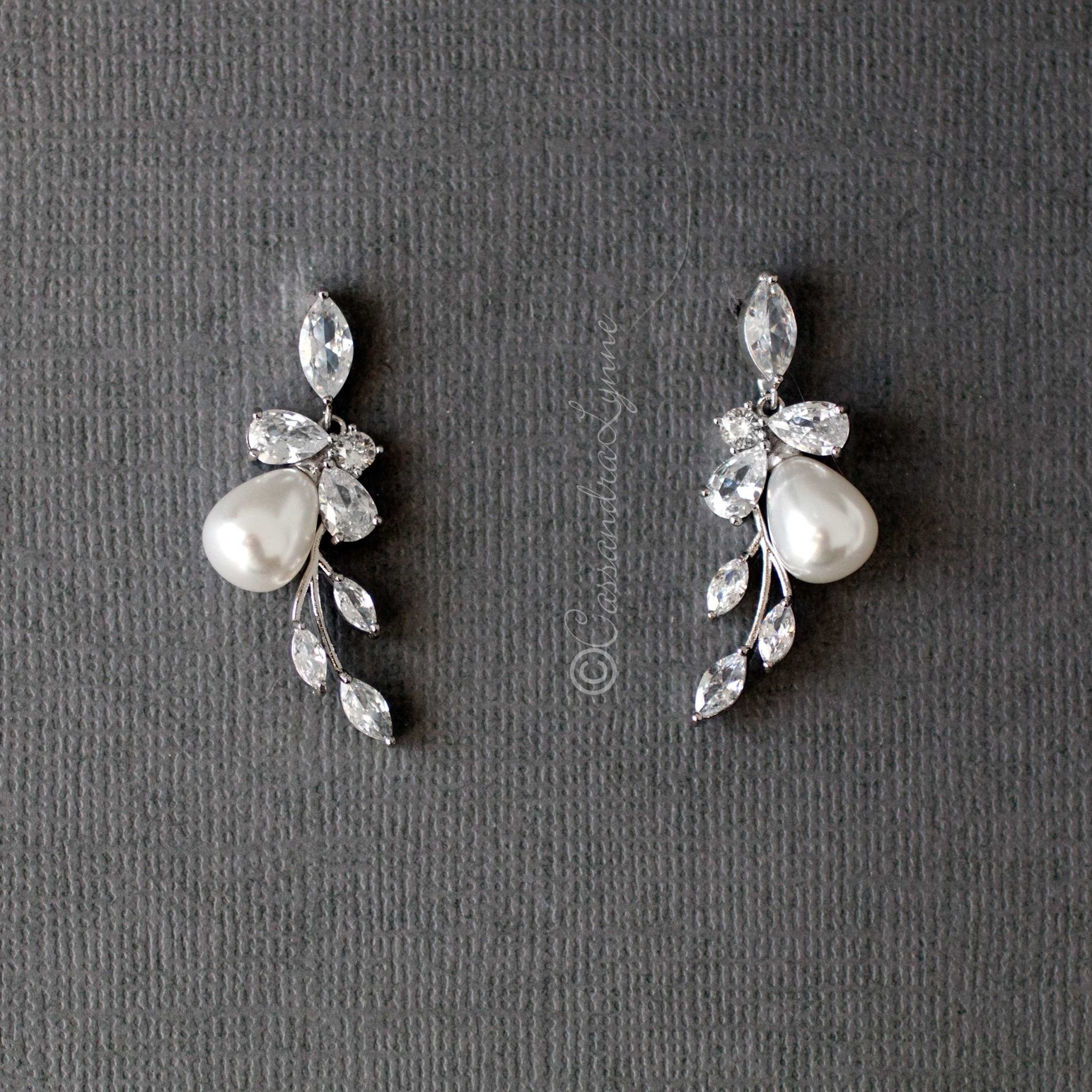 Teardrop Pearl Flower Bud CZ Bridal Earrings - Earrings - Cassandra Lynne
