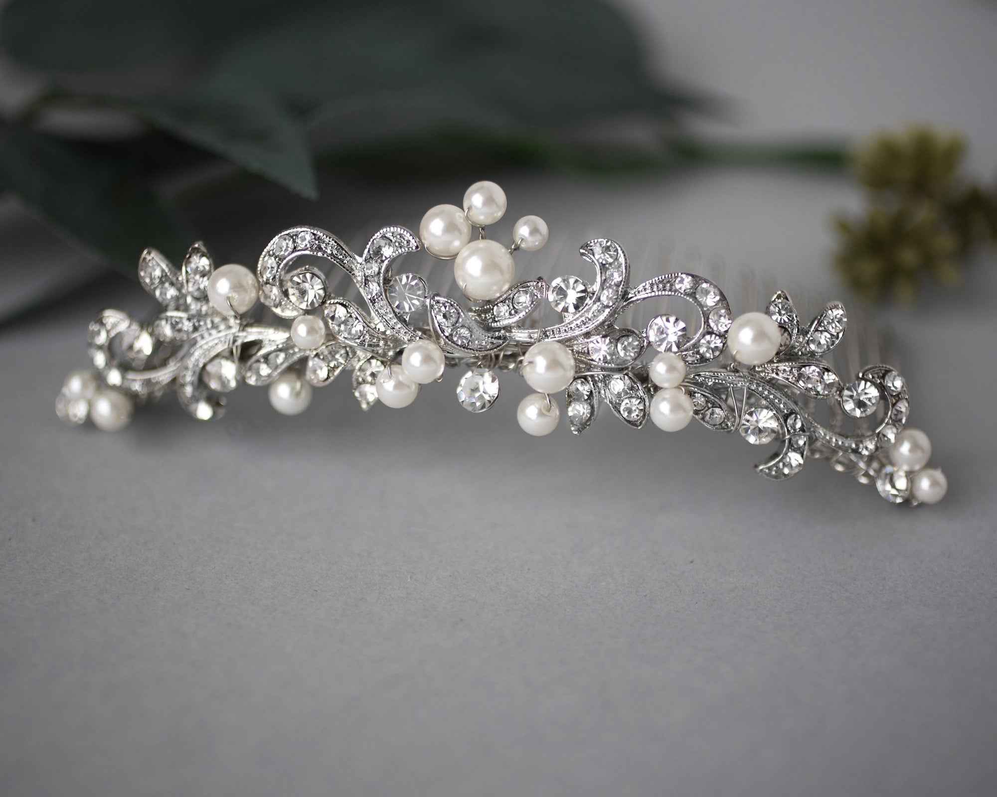 Tiara Comb of Antiqued Silver Scrolls and Pearls - Tiara Comb - Cassandra Lynne