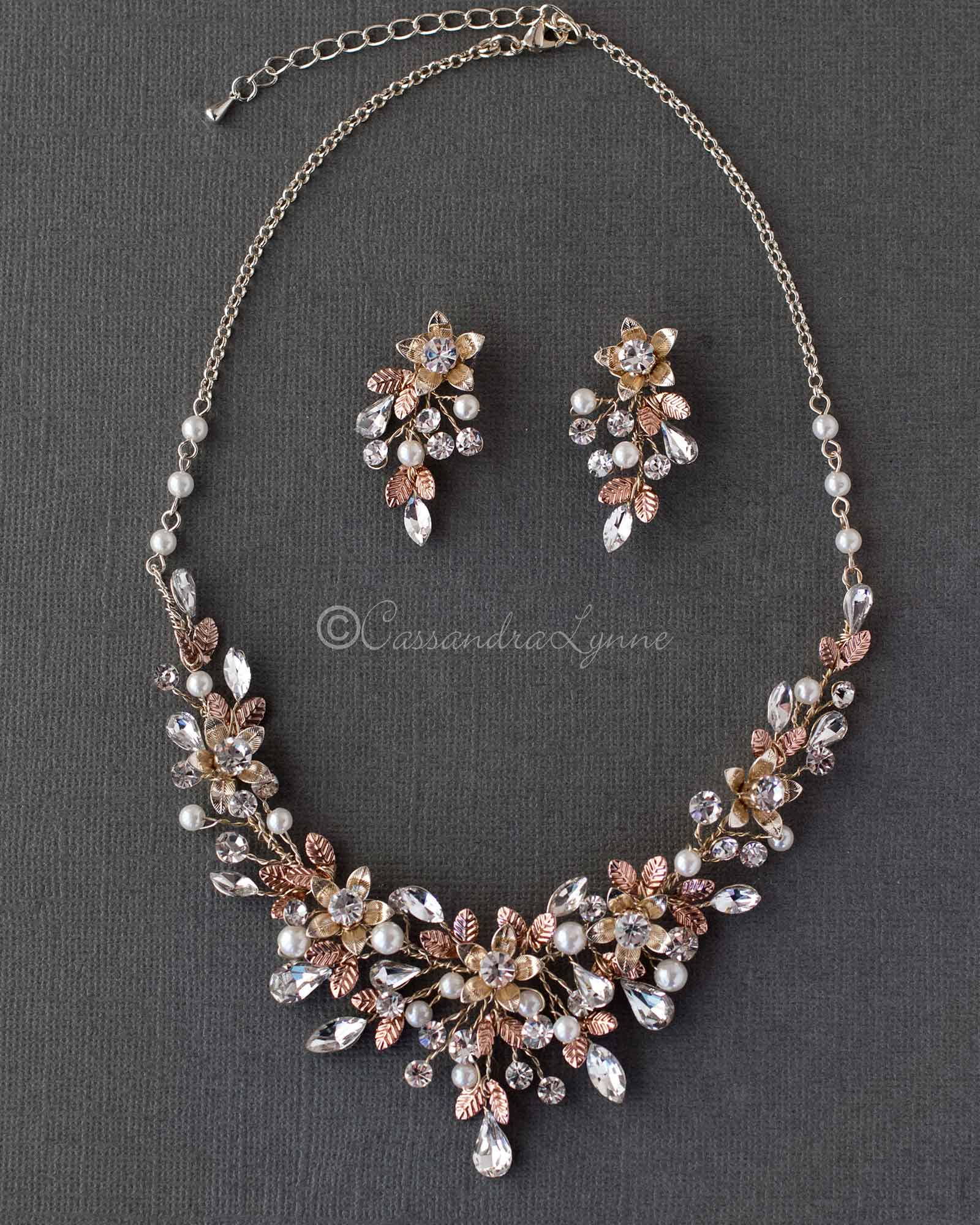 Two Tone Rose Gold Necklace and Earring Set - Cassandra Lynne