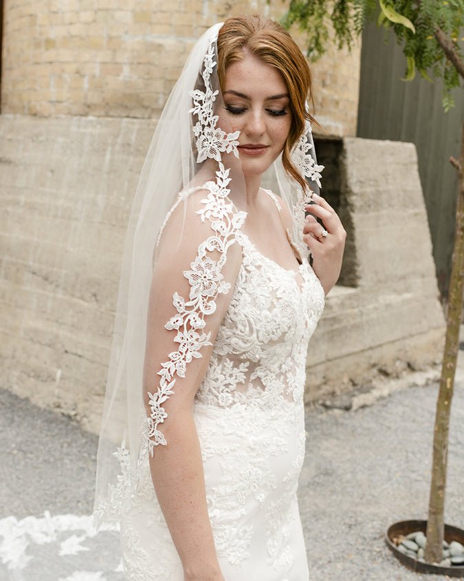 Venise Lace Flowers Cathedral or Fingertip Bridal Veil - Cassandra Lynne