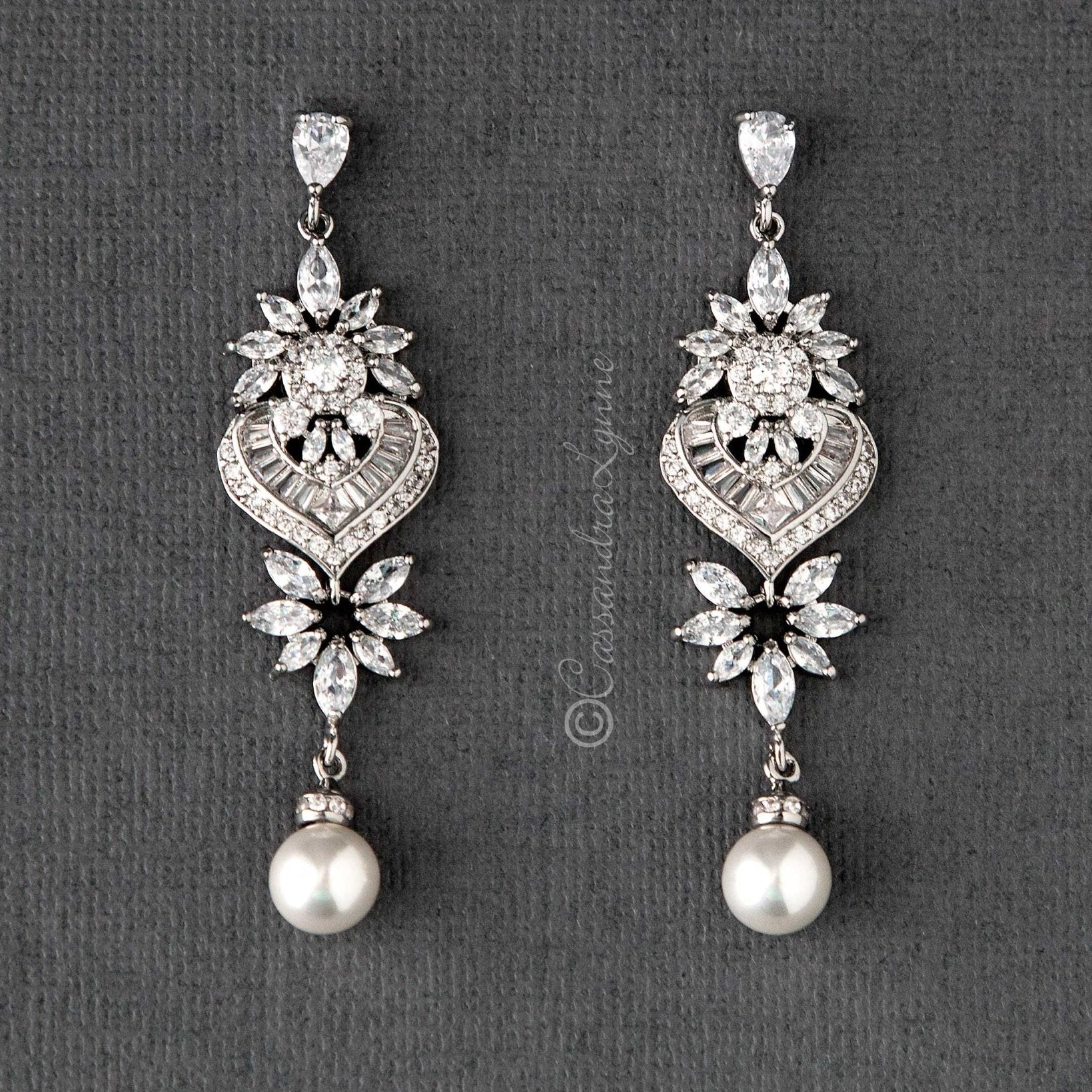 Vintage Pearl CZ Bridal Earrings - Earrings - Cassandra Lynne