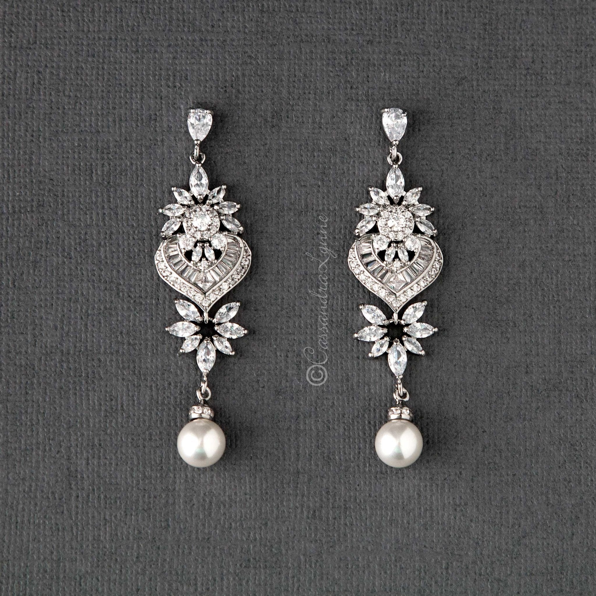 Vintage Pearl CZ Bridal Earrings - Earrings - Cassandra Lynne