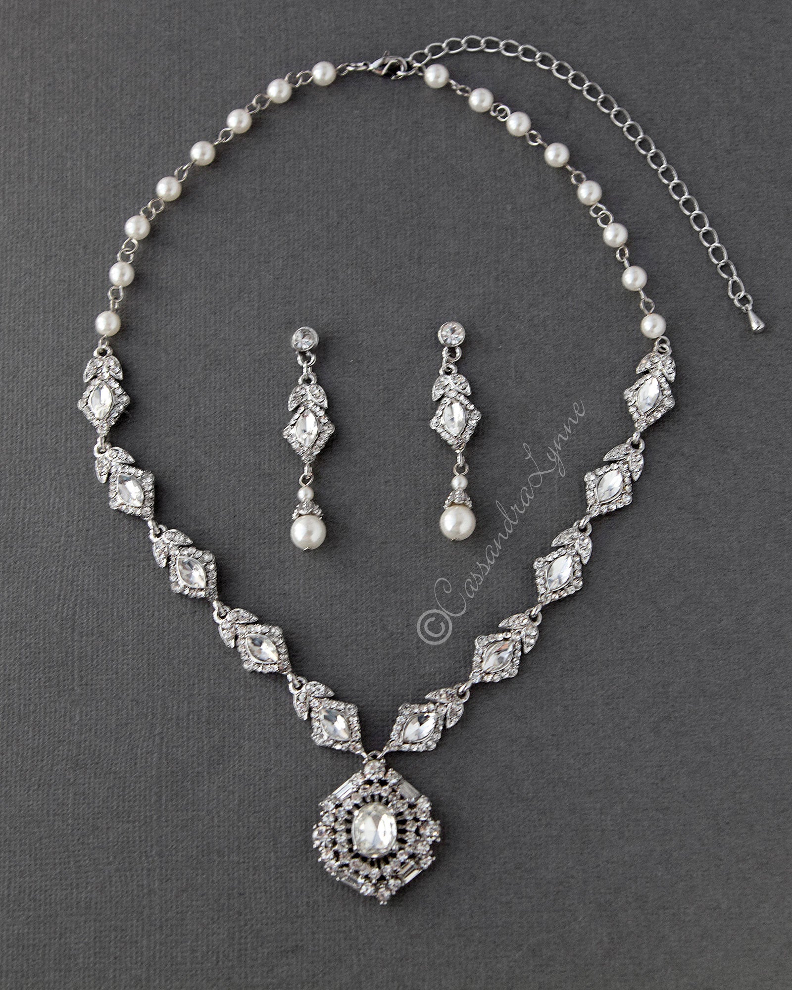 Vintage Wedding Necklace Set of Pearls and Rhinestones - Cassandra Lynne