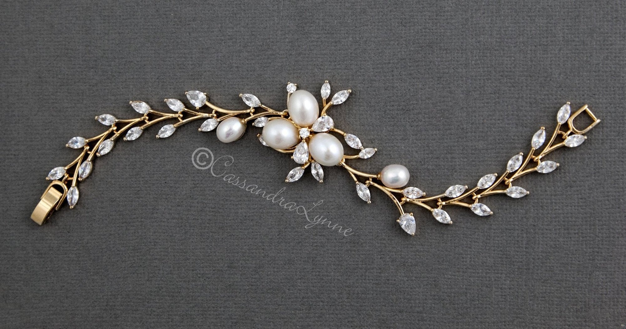 Wedding Bracelet with Ivory Pearl Flower and CZ Vine - Bracelet - Cassandra Lynne