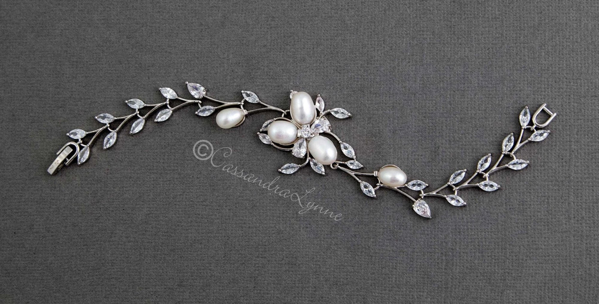 Wedding Bracelet with Ivory Pearl Flower and CZ Vine - Bracelet - Cassandra Lynne