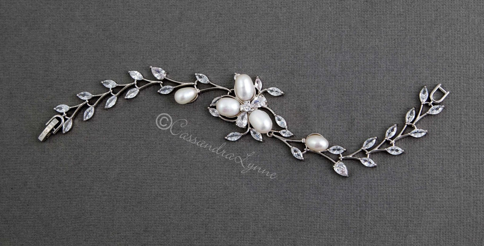 Wedding Bracelet with Ivory Pearl Flower and CZ Vine - Bracelet - Cassandra Lynne