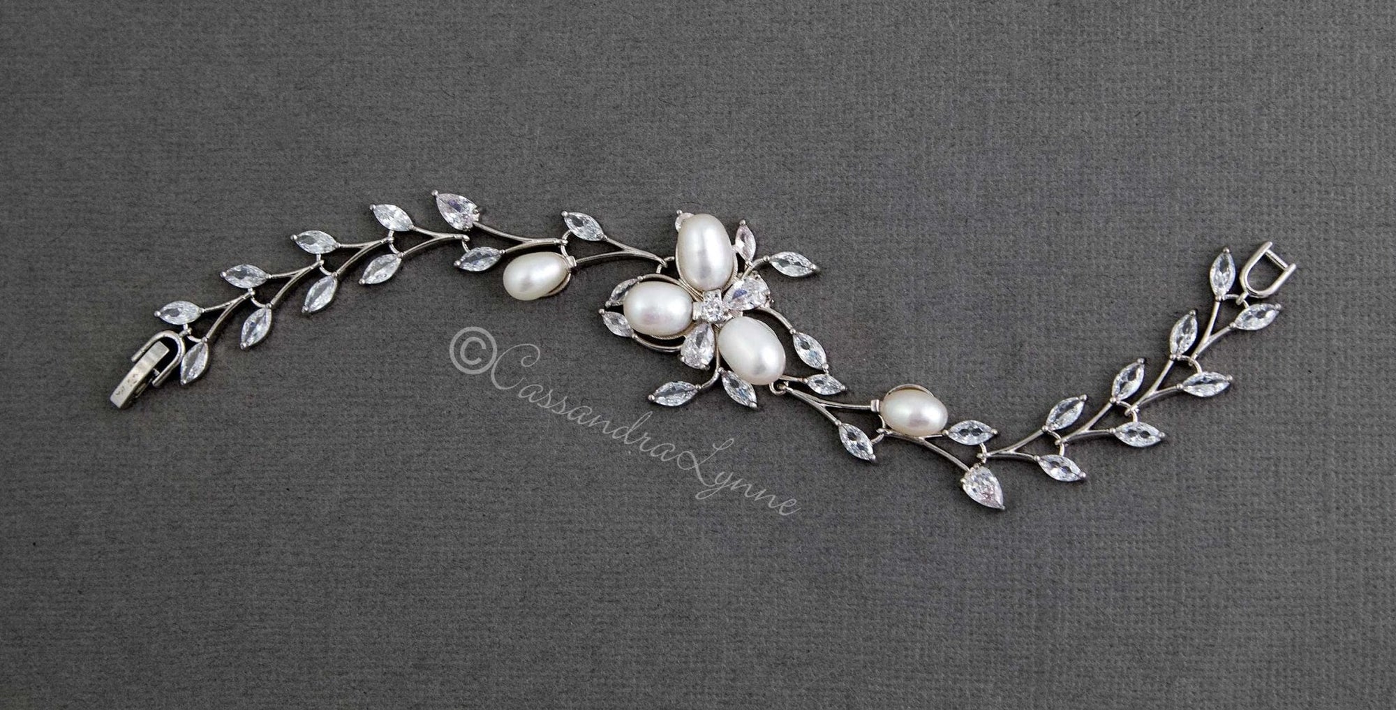 Wedding Bracelet with Ivory Pearl Flower and CZ Vine - Bracelet - Cassandra Lynne