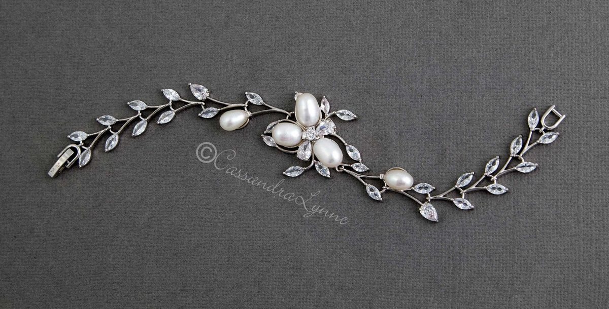 Wedding Bracelet with Ivory Pearl Flower and CZ Vine - Bracelet - Cassandra Lynne