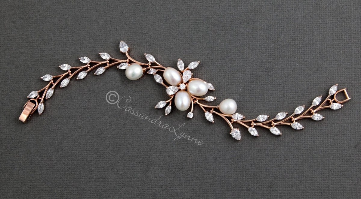 Wedding Bracelet with Ivory Pearl Flower and CZ Vine - Bracelet - Cassandra Lynne