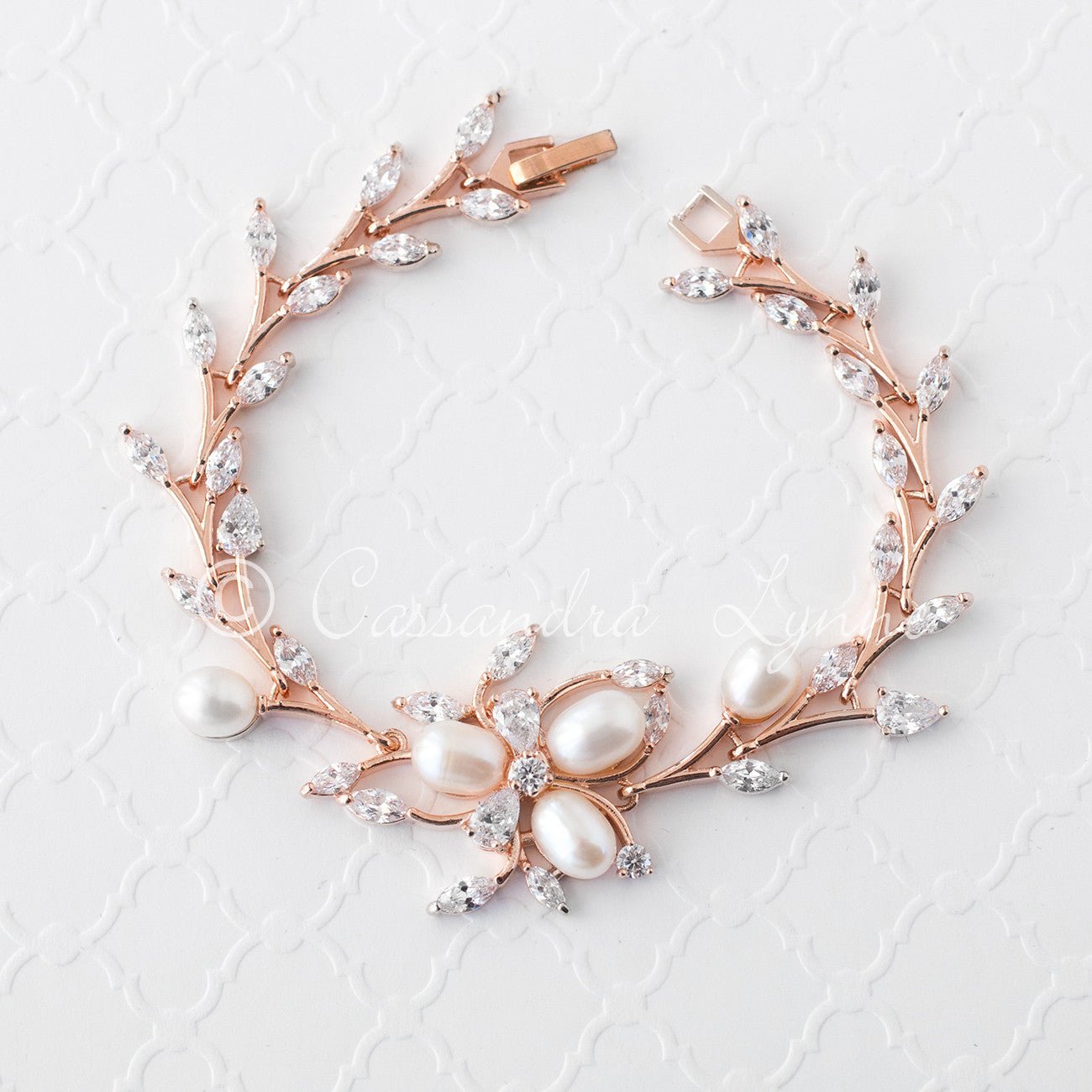 Wedding Bracelet with Ivory Pearl Flower and CZ Vine - Cassandra Lynne