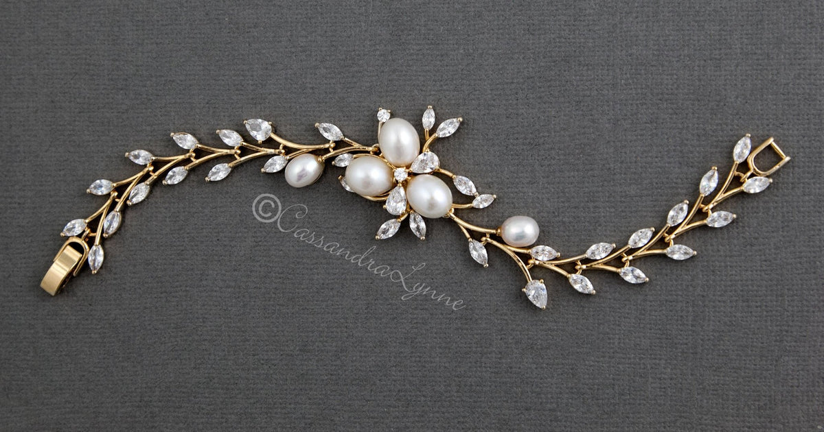 Wedding Bracelet with Ivory Pearl Flower and CZ Vine - Cassandra Lynne