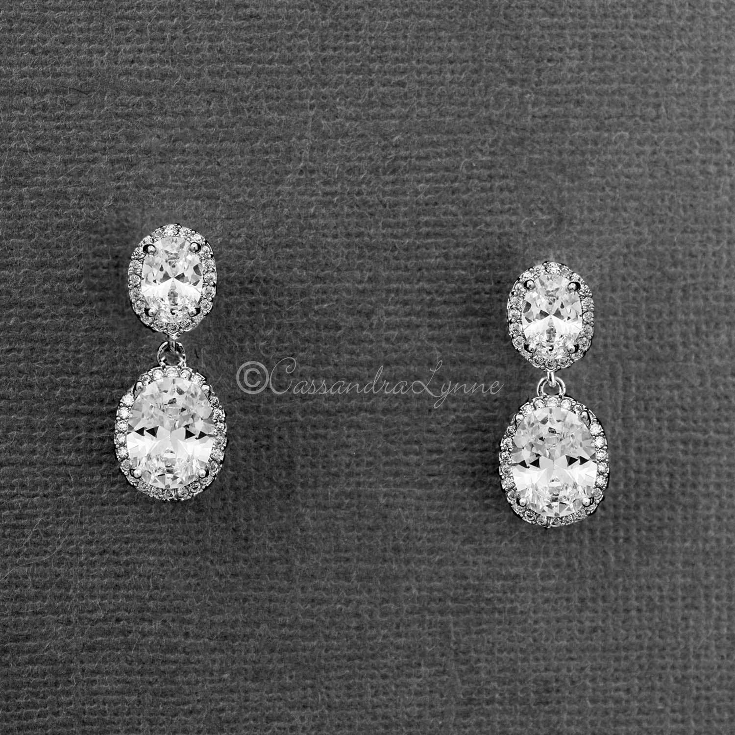 Wedding Earrings of Double CZ Pave Oval Drops - Cassandra Lynne
