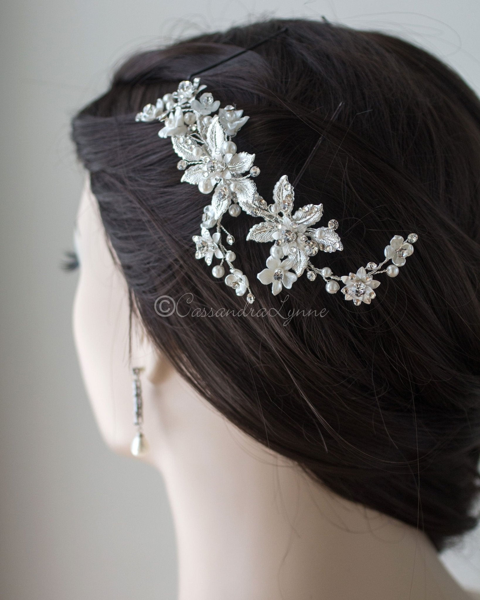Wedding Hair Clip of Leaves and Porcelain Flowers - Cassandra Lynne