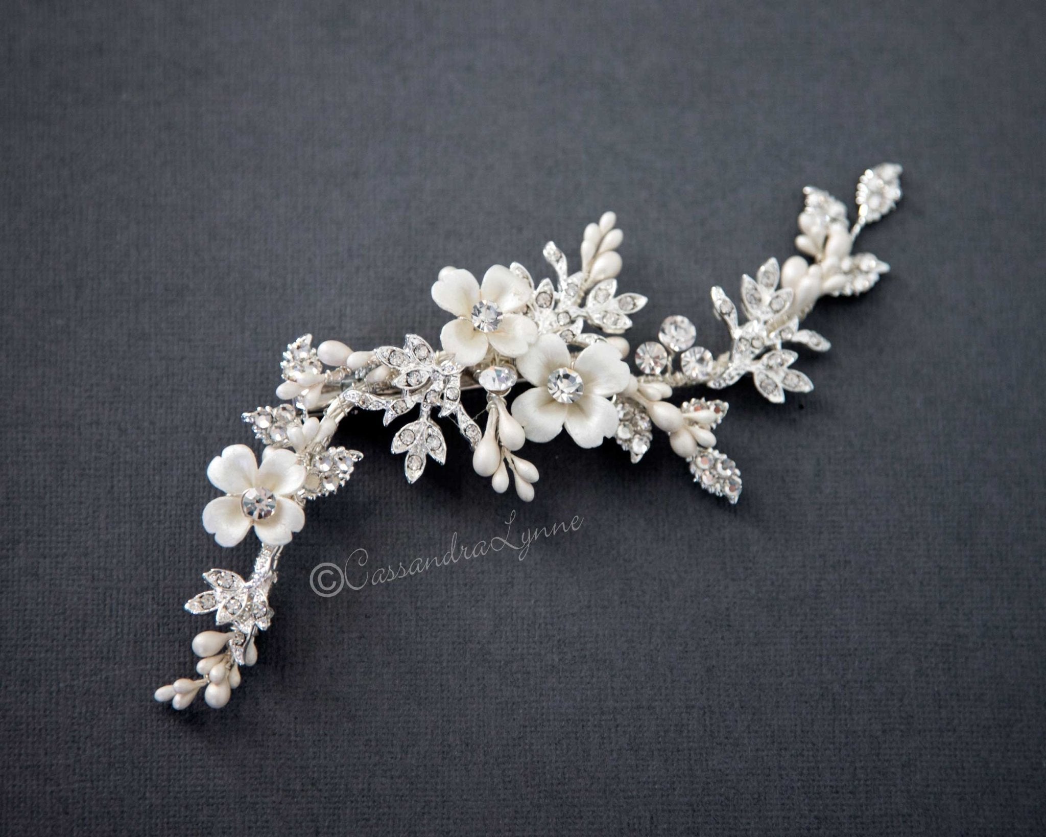 Wedding Hair Clip with Ivory Porcelain Flowers - Hair Clips - Cassandra Lynne