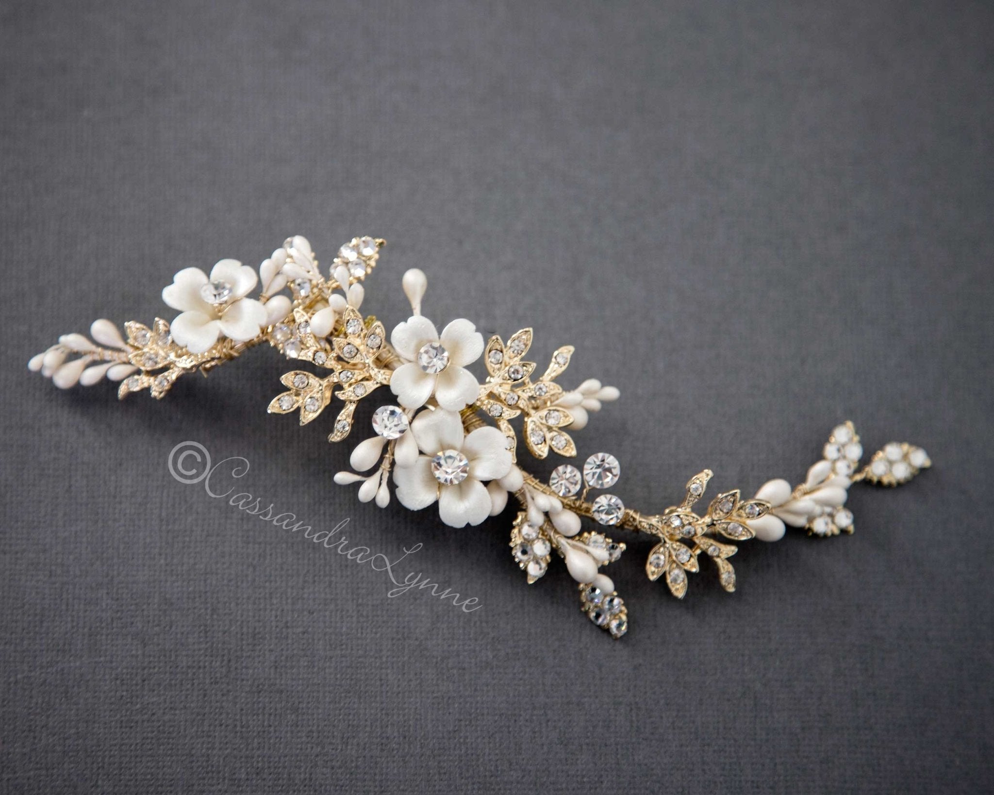 Wedding Hair Clip with Ivory Porcelain Flowers - Hair Clips - Cassandra Lynne