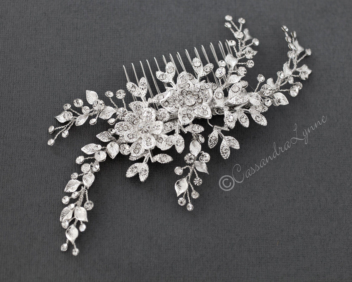 Wedding Hair Comb with Leaves and Pave Flowers - Cassandra Lynne
