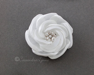 Wedding Hair Flower Clip of Satin and Chiffon with Pearls - Cassandra Lynne