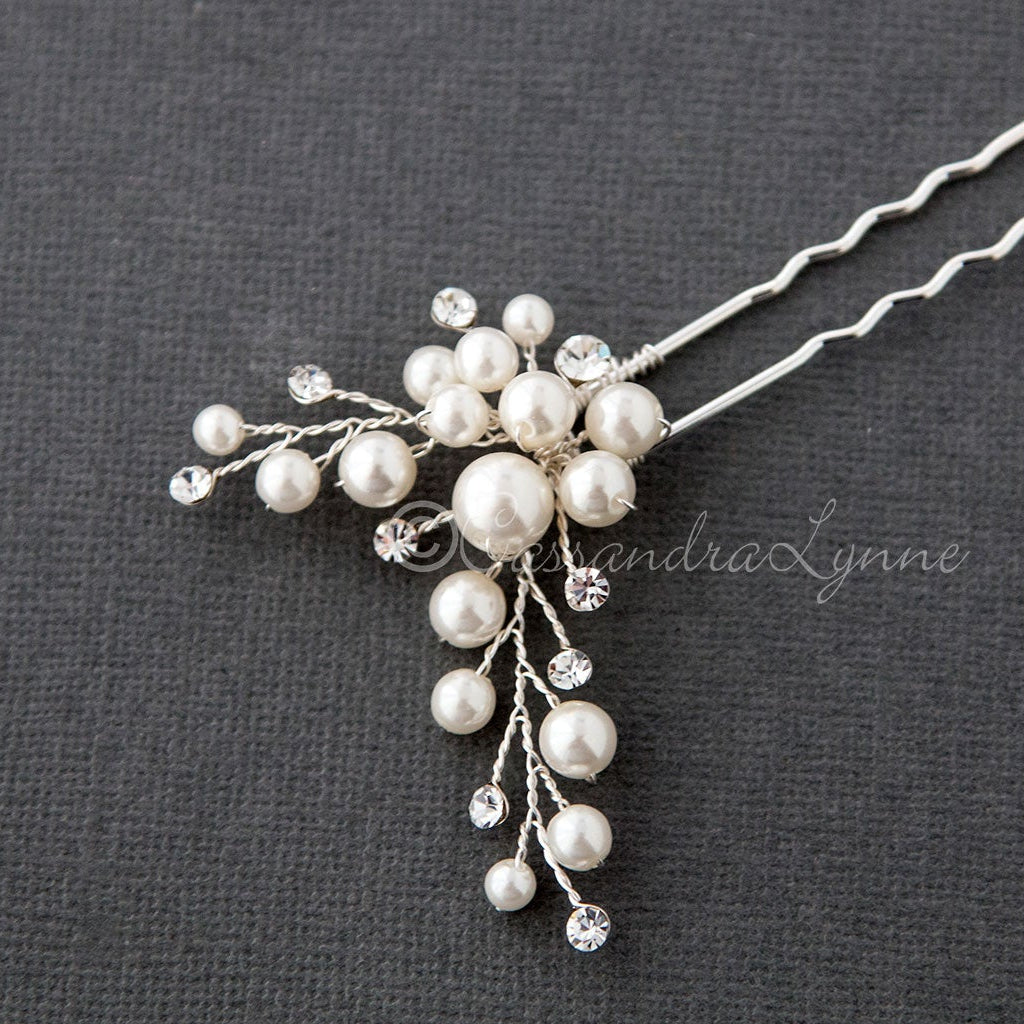 Wedding Hair Pin of Ivory Pearl Cluster and Rhinestones - Hair Pins - Cassandra Lynne