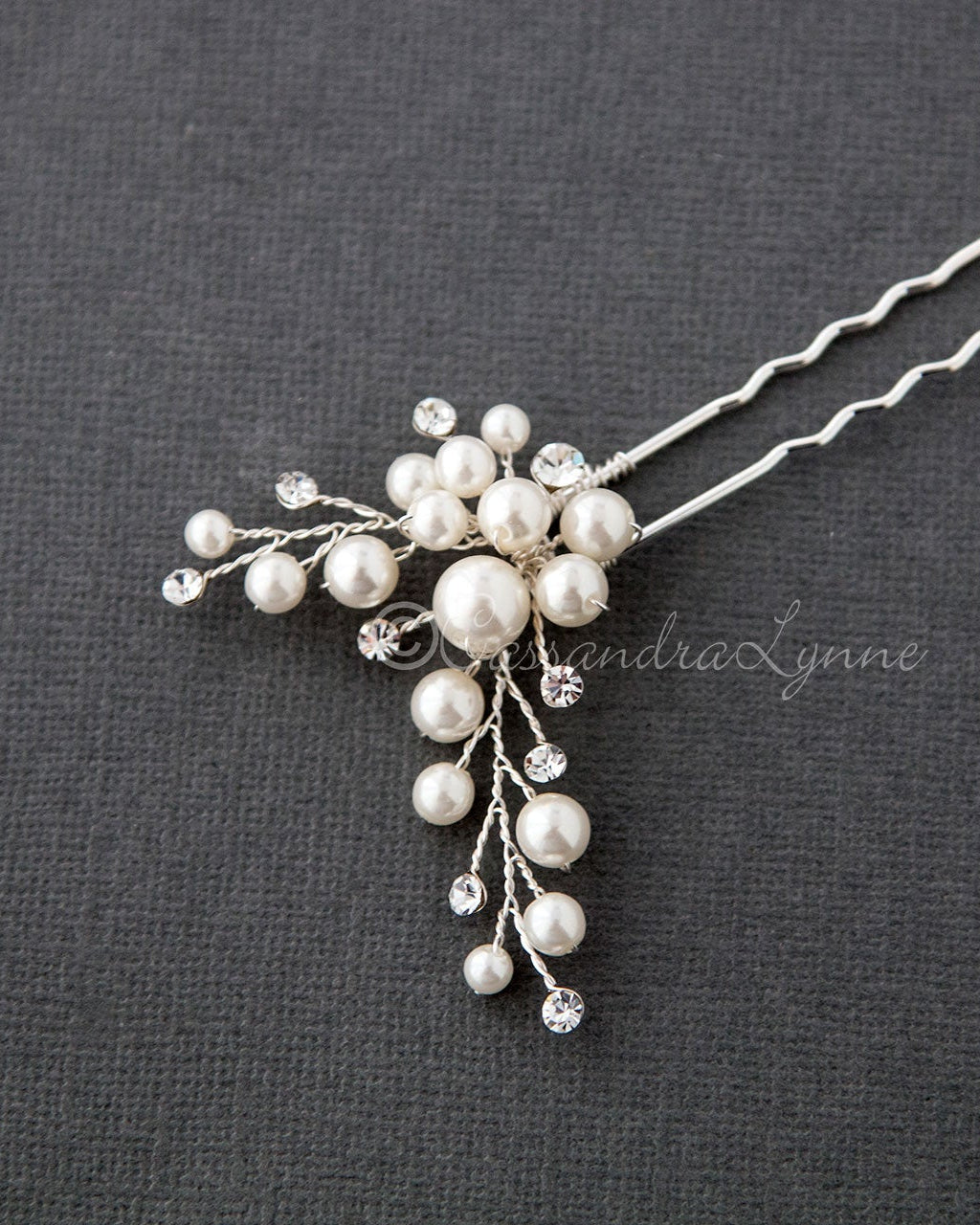 Wedding Hair Pin of Ivory Pearl Cluster and Rhinestones - Hair Pins - Cassandra Lynne