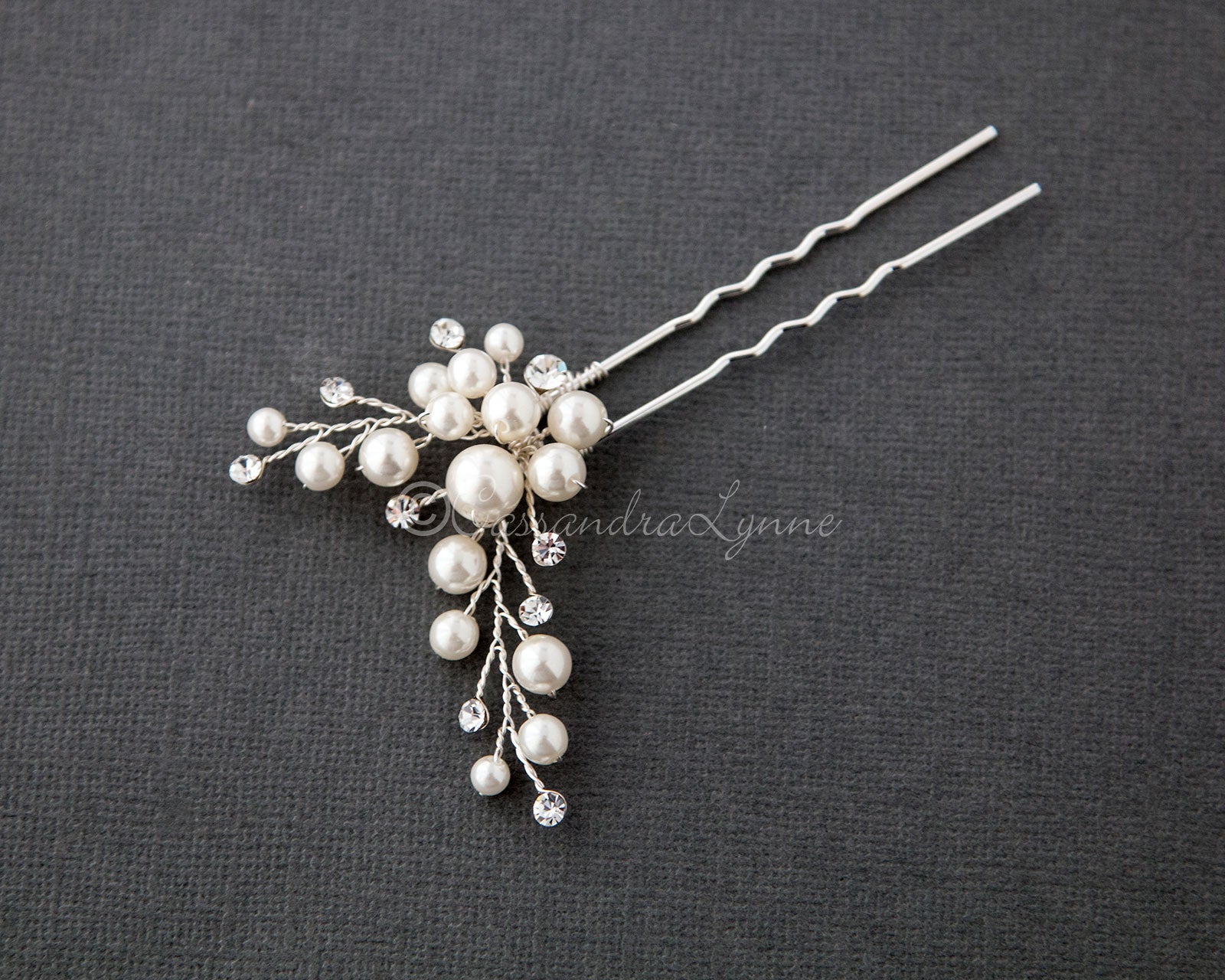 Wedding Hair Pin of Ivory Pearl Cluster and Rhinestones - Cassandra Lynne