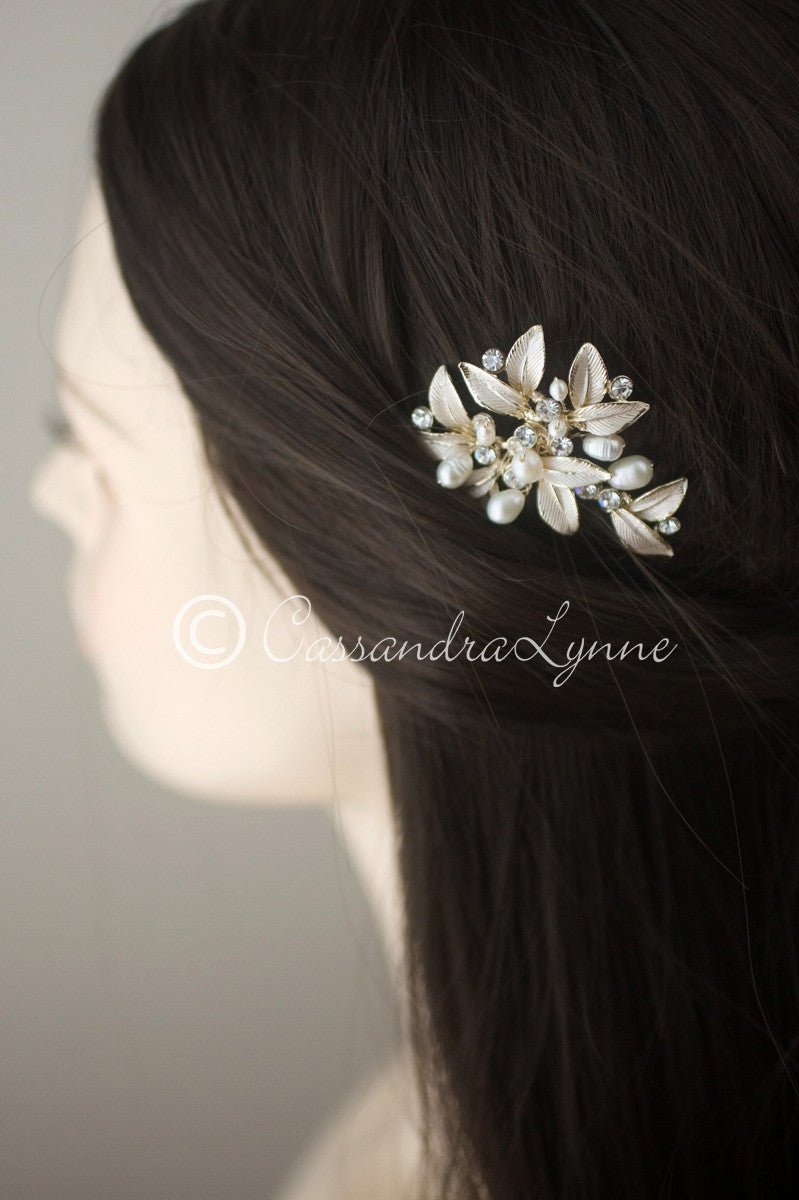 Wedding Hair Pin of Leaves and Pearls - Cassandra Lynne