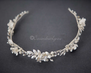 Wedding Headband with Porcelian Flowers and Pearls - Cassandra Lynne