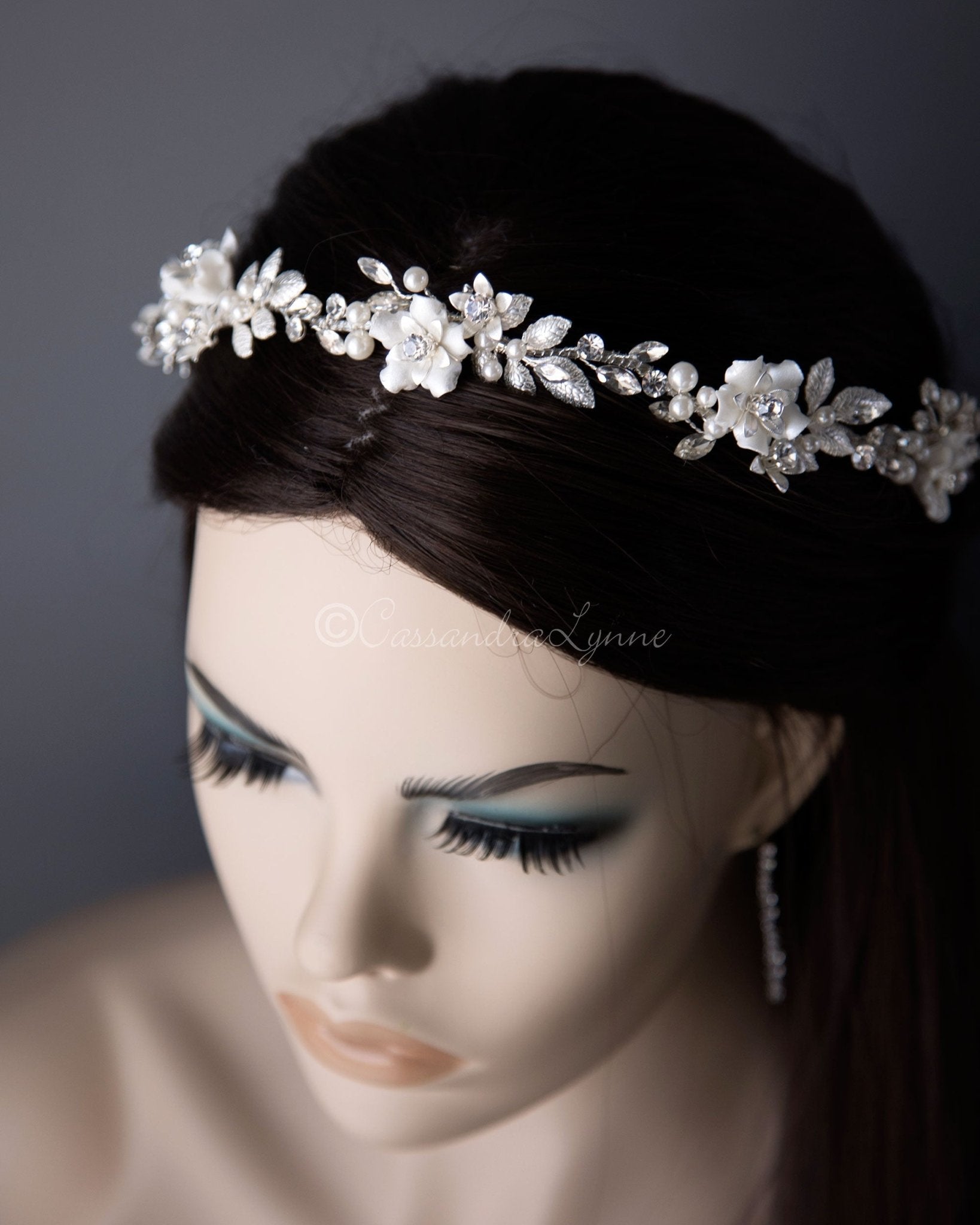 Wedding Headband with Porcelian Flowers and Pearls - Cassandra Lynne