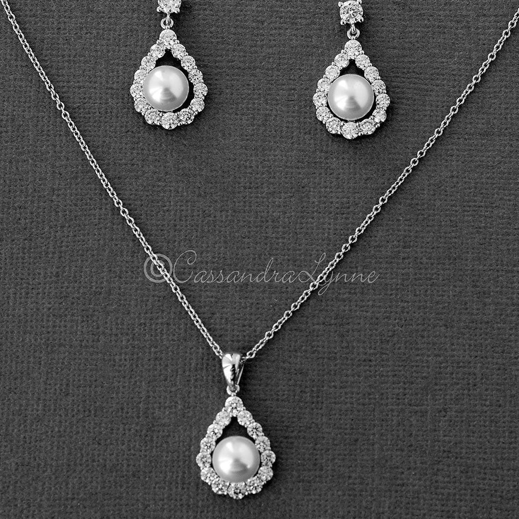 Wedding Jewelry Set of Pearl Drops Necklace - Necklace Set - Cassandra Lynne