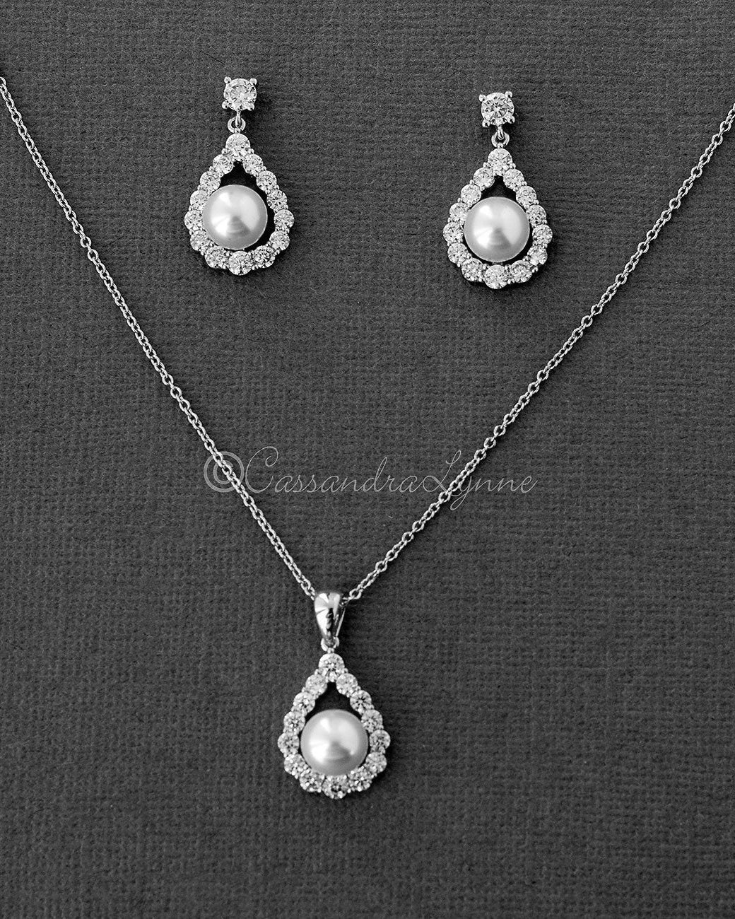 Wedding Jewelry Set of Pearl Drops Necklace - Necklace Set - Cassandra Lynne