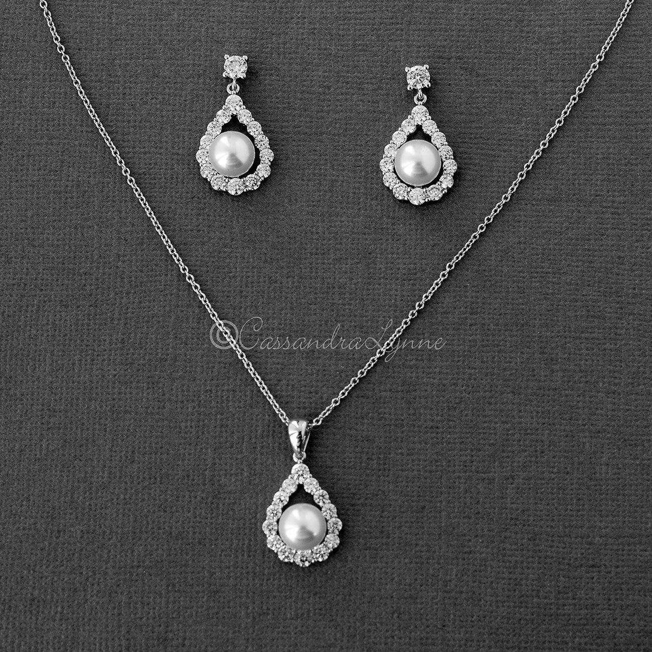 Wedding Jewelry Set of Pearl Drops Necklace - Cassandra Lynne