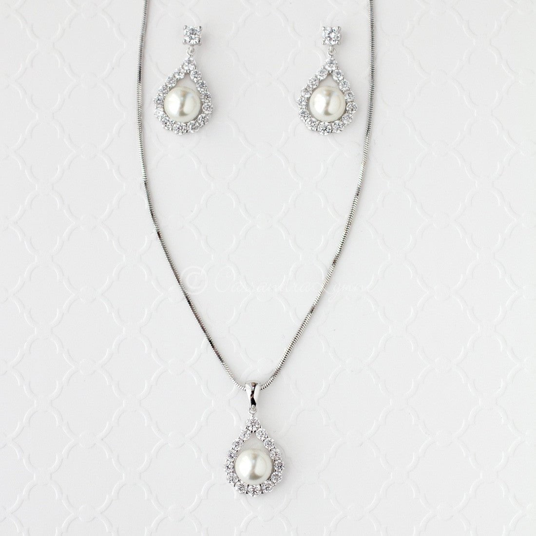 Wedding Jewelry Set of Pearl Drops Necklace - Cassandra Lynne