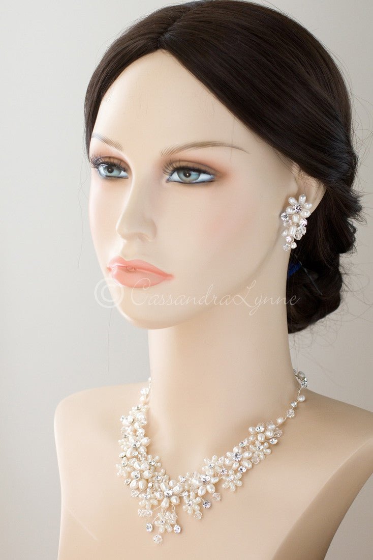 Bridal jewelry, flower necklace - Pearlescent flower and crystal necklace -  Style #2011