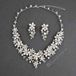 Wedding Necklace Set of Pearl Flowers and Crystals - Cassandra Lynne